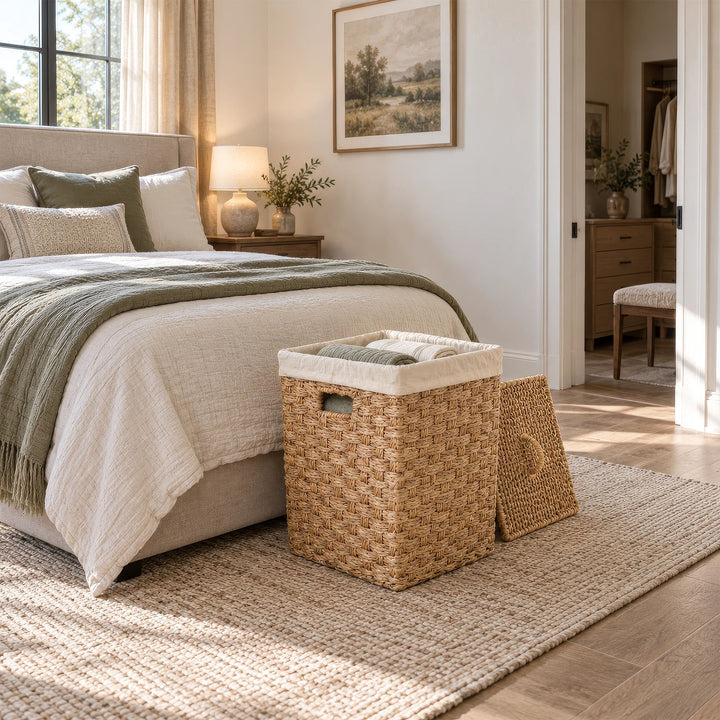 A square seagrass basket, approx. 55 liters, filled with rolled-up textiles and with the lid resting against it, placed in front of the bed in the bedroom.