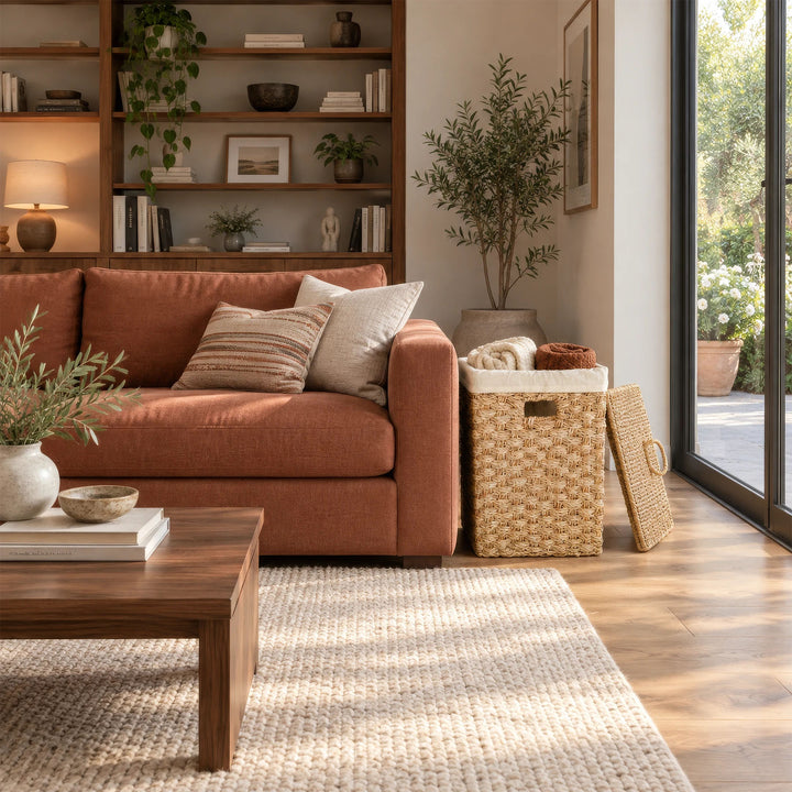 A square seagrass basket, about 55 liters, filled with blankets and with the lid propped open, next to the sofa in the living room.