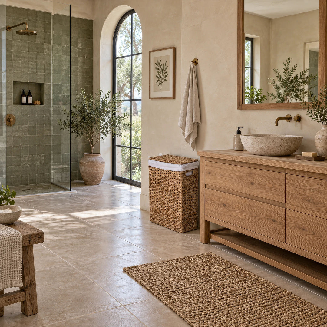 A narrow laundry basket with a lid and a 45-liter capacity next to a wooden vanity in a Mediterranean-style bathroom.