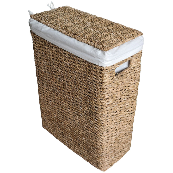 A narrow, rectangular laundry basket with a lid and a 45-liter capacity, featuring a white fabric liner and a handle opening on the side.