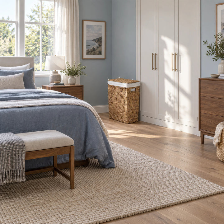A narrow laundry basket with a lid and a 45-liter capacity next to a white wardrobe in a bright bedroom.