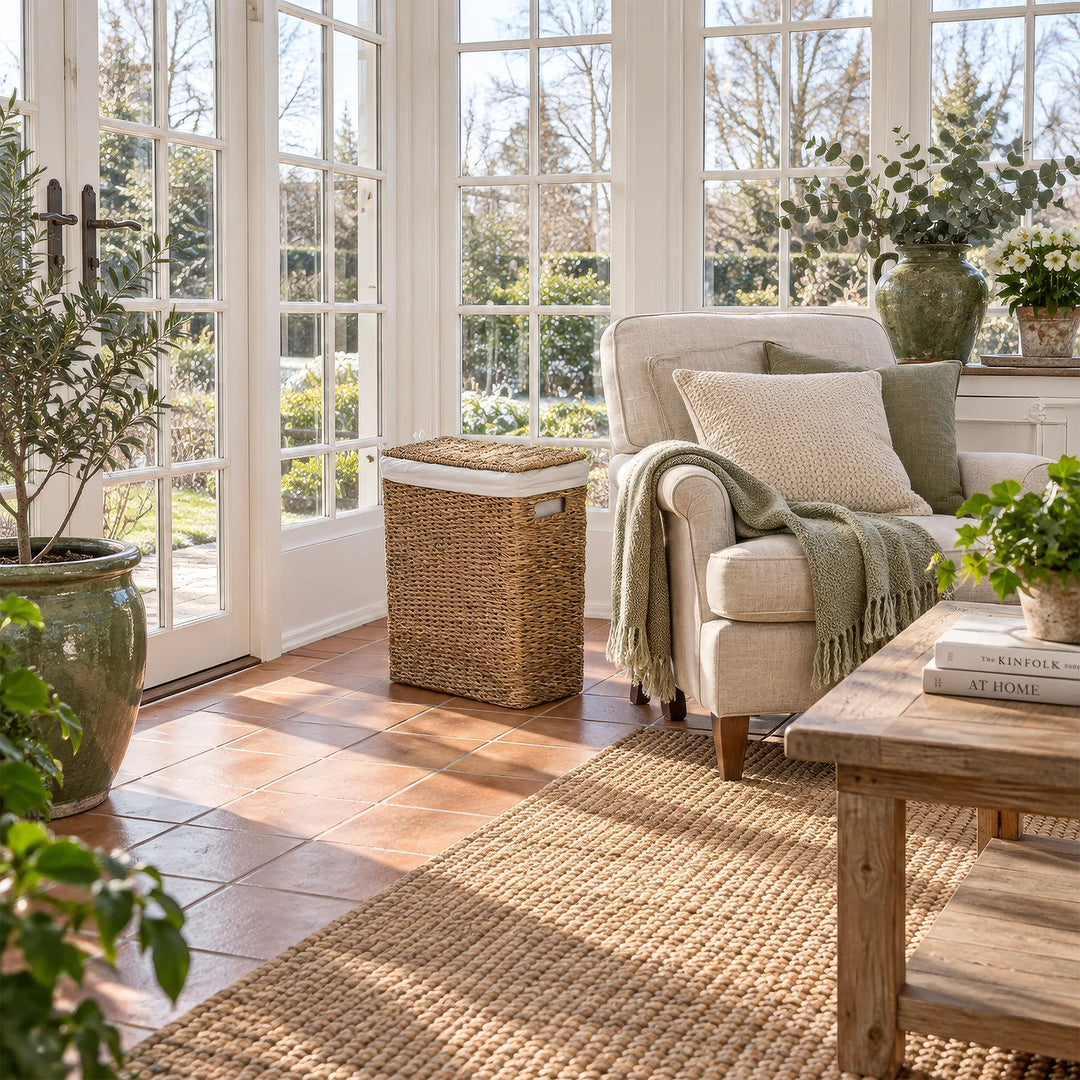 A narrow laundry basket with a lid and a 45-liter capacity next to a beige armchair in the sunny sunroom.