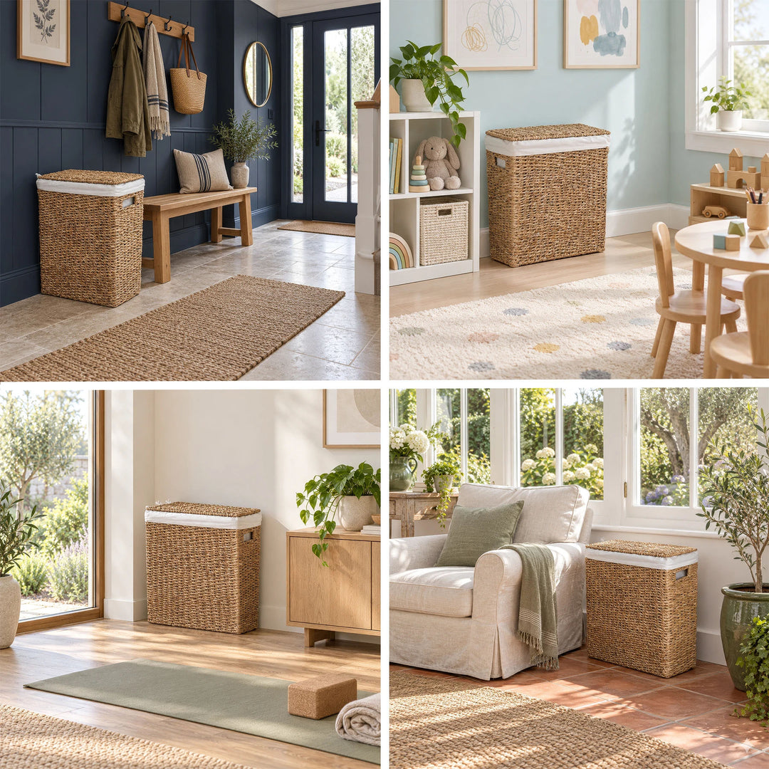 Collage: A narrow laundry basket with a lid and a 45-liter capacity in the hallway, children's room, yoga room, and sunroom.