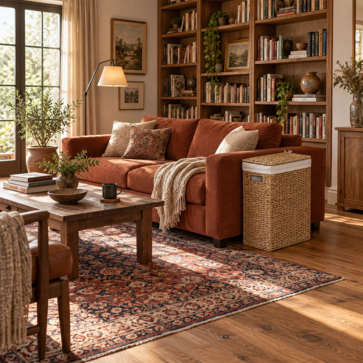 A narrow laundry basket with a lid and a 45-liter capacity next to a rust-colored sofa in the living room, which also features a bookshelf.