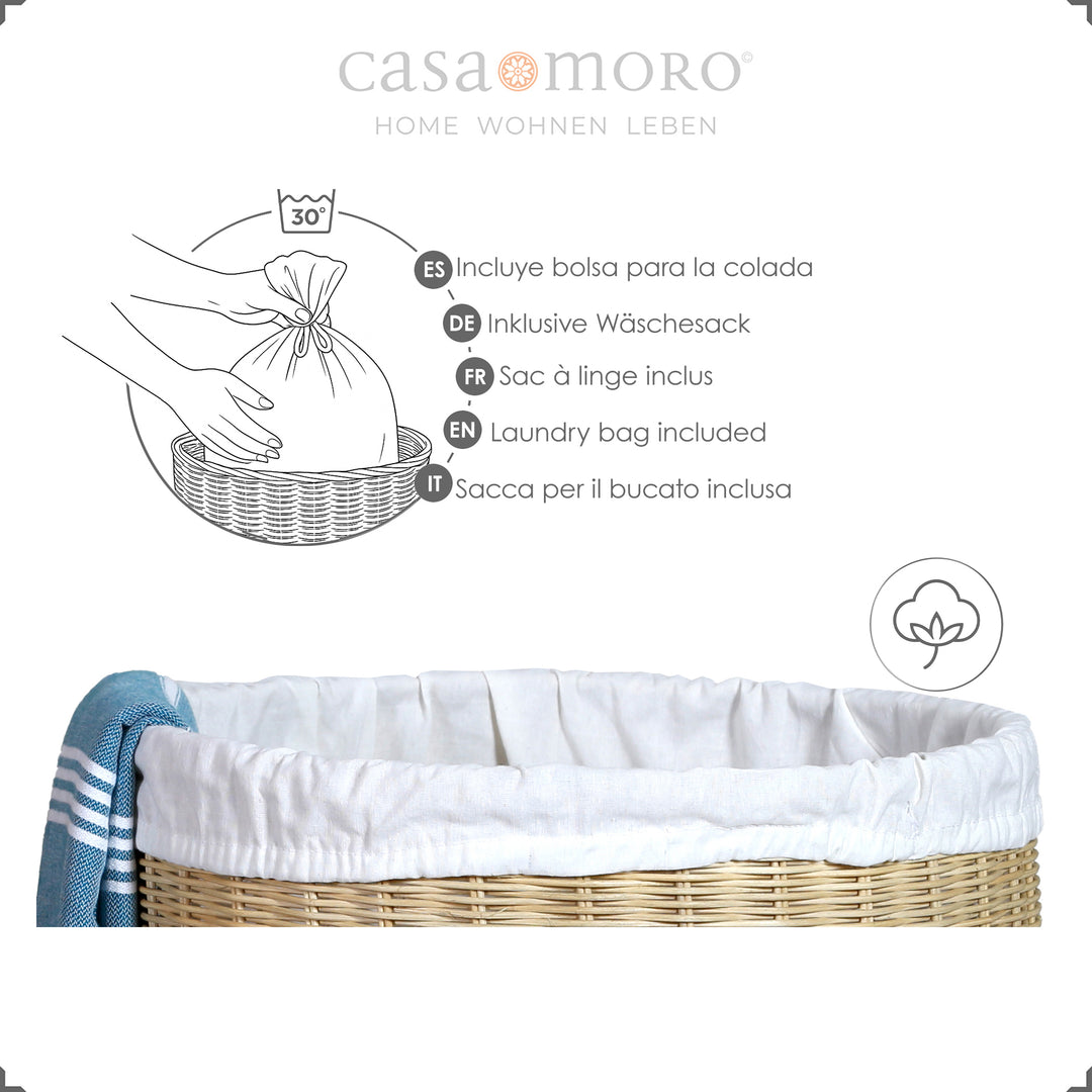 compact rattan laundry collector with lid, 50 cm high, approx. 50 liter volume and 1.1 kg weight