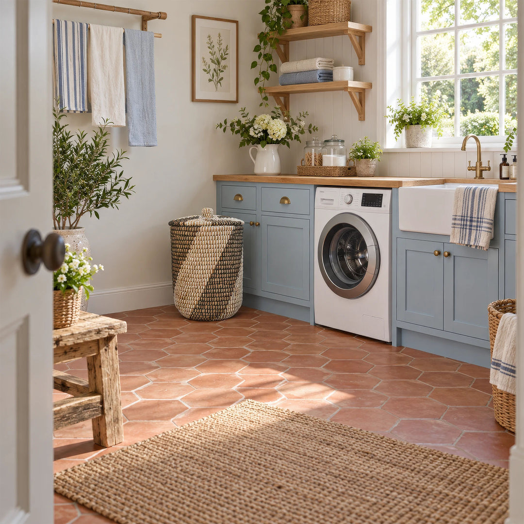 A seaweed laundry basket with a capacity of approximately 40 liters and a closed lid in a bright laundry room.