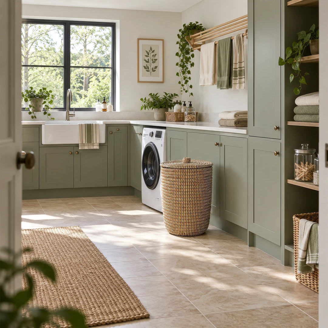 Natural/white seagrass laundry basket with lid, approximately 40 litres, beside the washing machine.