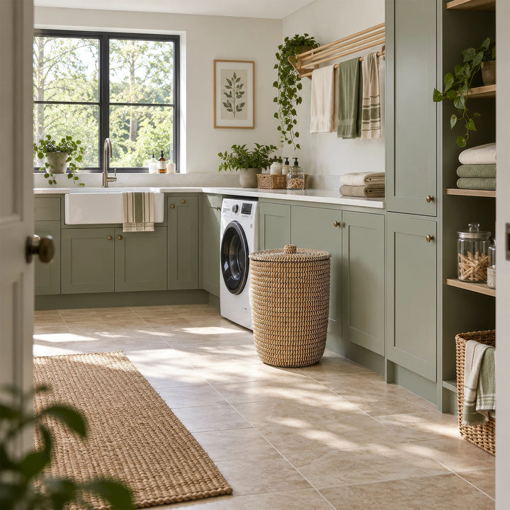 Natural/white seagrass laundry basket with lid, approximately 40 litres, beside the washing machine.