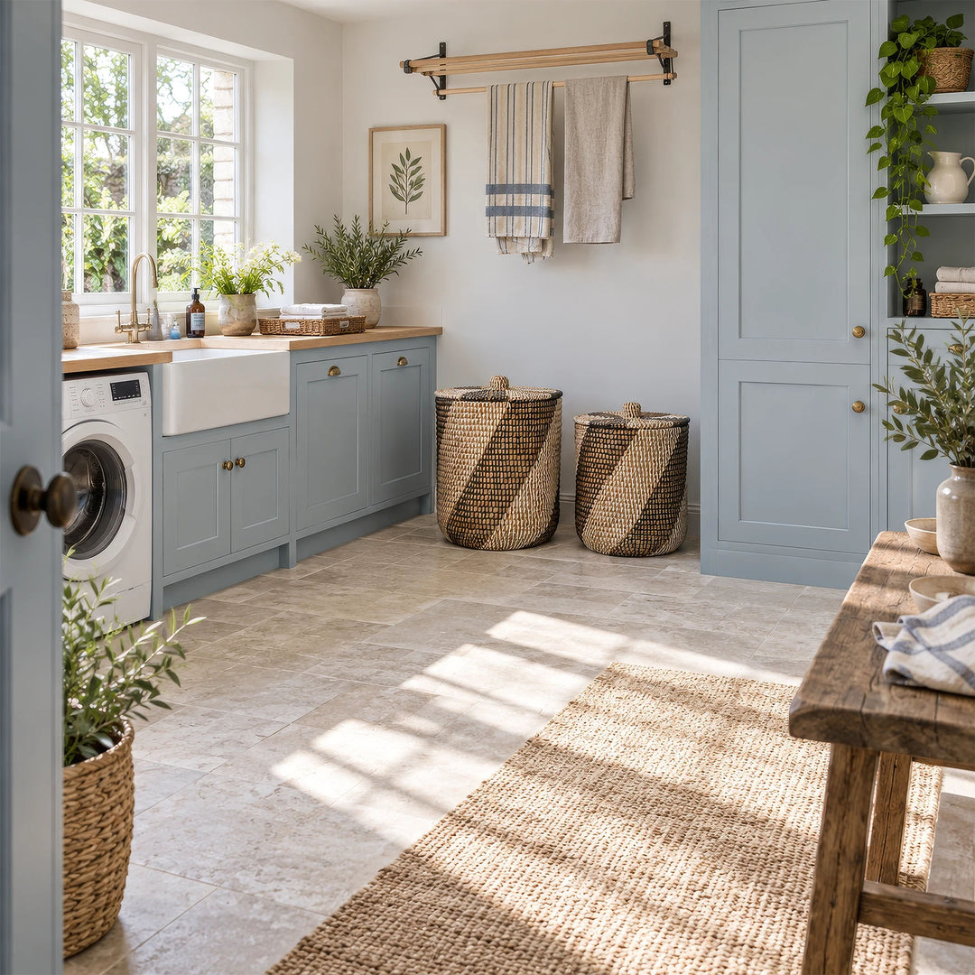 Two natural/black/white seagrass laundry baskets with closed lids in front of blue cupboards in the utility room.