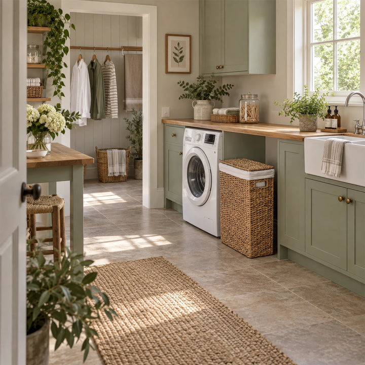 A narrow laundry hamper with a lid and a 45-liter capacity, placed next to the washing machine under a wooden countertop.