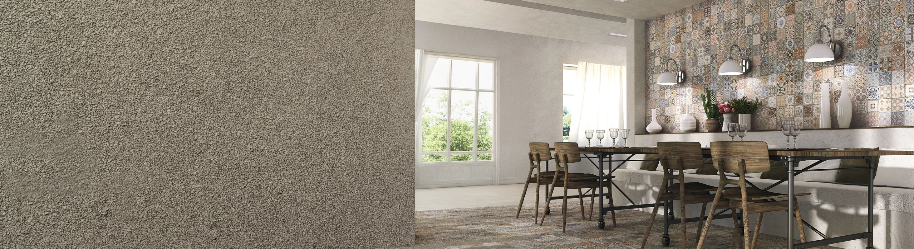 Wall tiles – Tiles with a patchwork pattern in the dining area - Mediterranean ceramic tiles for the kitchen, bathroom and stylish interior design