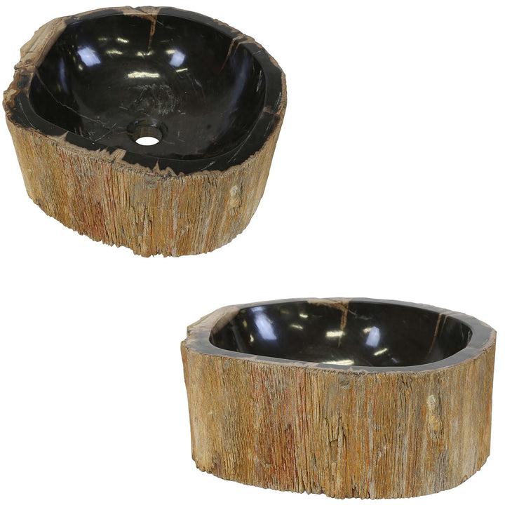 Stone sink made of petrified wood with a dark, polished inner surface, isolated on a white background in two views.