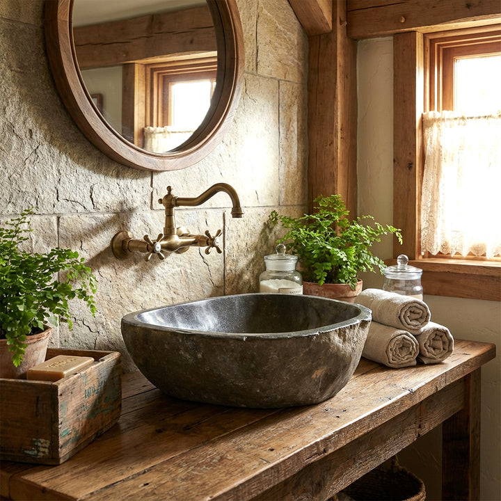 river stoneWashbasin in the rustic country house bathroom on a wooden console, combined with a brass wall fitting and natural light