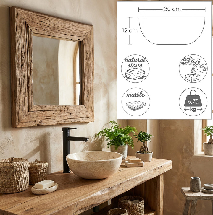 Round countertop washbasin made of light marble on a wooden washbasin, complemented by dimensional graphics with diameter, height and weight