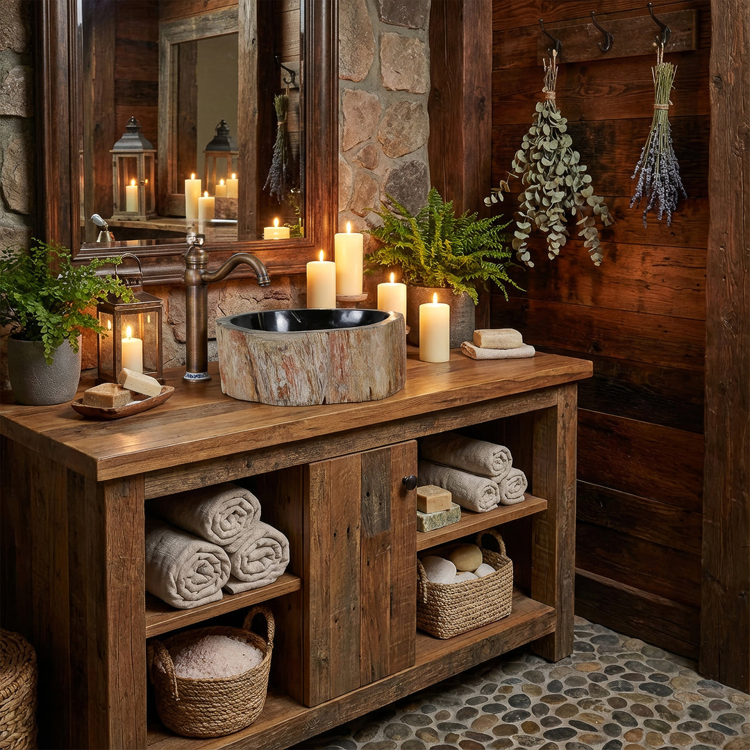 Washbasin Made of natural stone with a fossil wood structure as a countertop basin, atmospherically arranged on a rustic wooden console with candlelight.