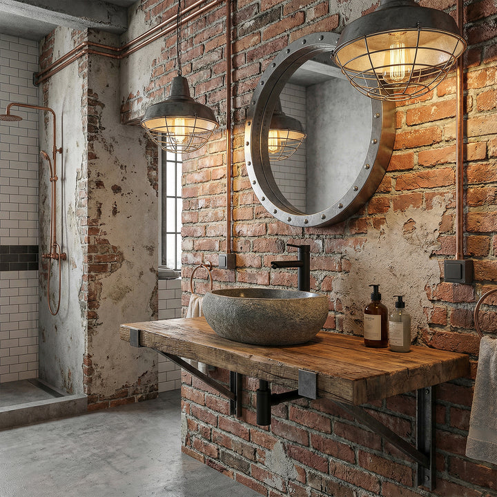 natural stoneWashbasin in the industrial bathroom on a rustic wooden panel, combined with black fittings and brick wall