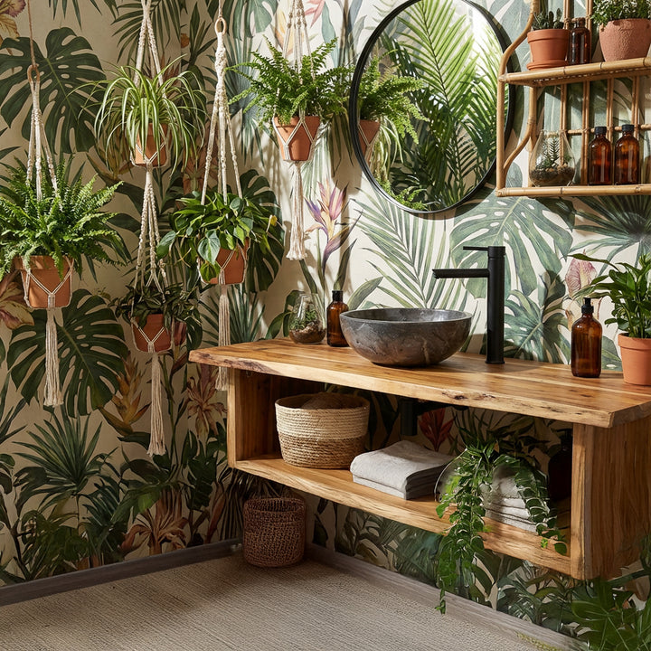 Round countertop washbasin made of natural stone on a wooden vanity unit in a green boho bathroom with plants, wallpaper and black fittings