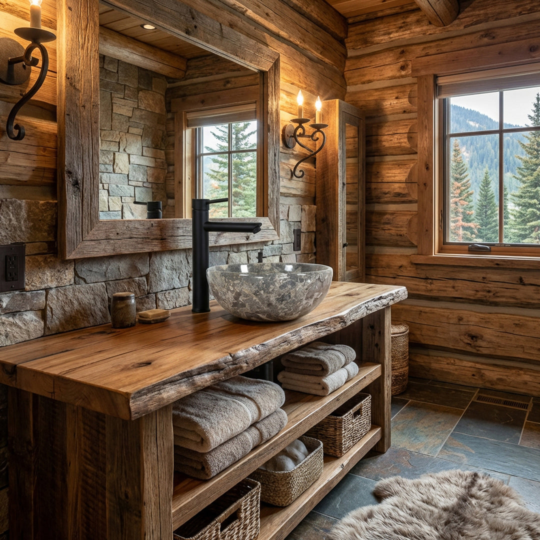 Round natural stone countertop washbasin with gray-brown grain on a solid wooden washbasin in the rustic chalet bathroom, combined with black fittings, natural stone wall and warm light