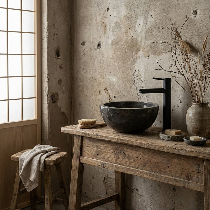 Round Washbasin made of dark stone on a rustic wooden table with black fittings in a minimalist bathroom ambience