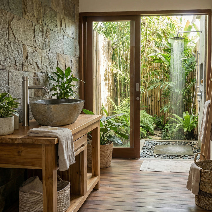 Stone sink in the open spa bathroom on a wooden vanity unit, with a natural stone wall, plants and a view of the garden