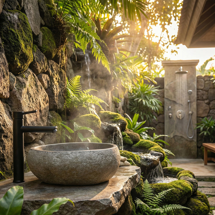 Stone sink in the outdoor spa made of natural stone, on a boulder base with black fittings and tropical plants