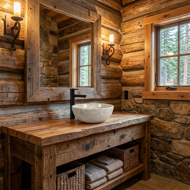 Round countertop washbasin made of light stone on a rustic wooden washbasin with black fittings in a chalet bathroom ambience