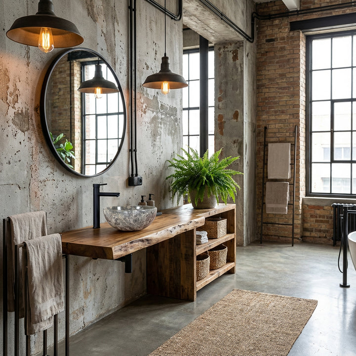Round marble countertop basin with gray grain on wooden vanity unit in industrial loft bathroom, combined with black faucet, brick walls, hanging lights and plenty of natural light