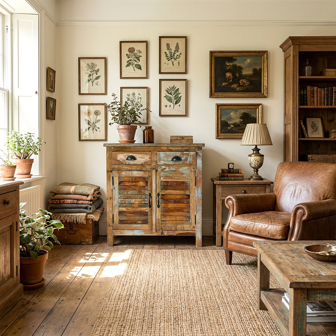 Solid wood highboard in the living room, natural materials, calm vintage living scene with natural light