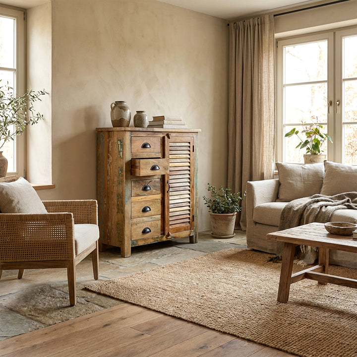 Solid wood highboard in the living room, light natural tones, calm vintage living scene