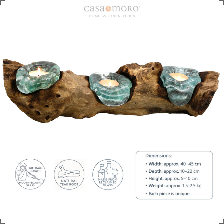 Set of 3 tea light holders made of glass and burl wood with dimensions, each piece is a unique handmade piece made from natural materials